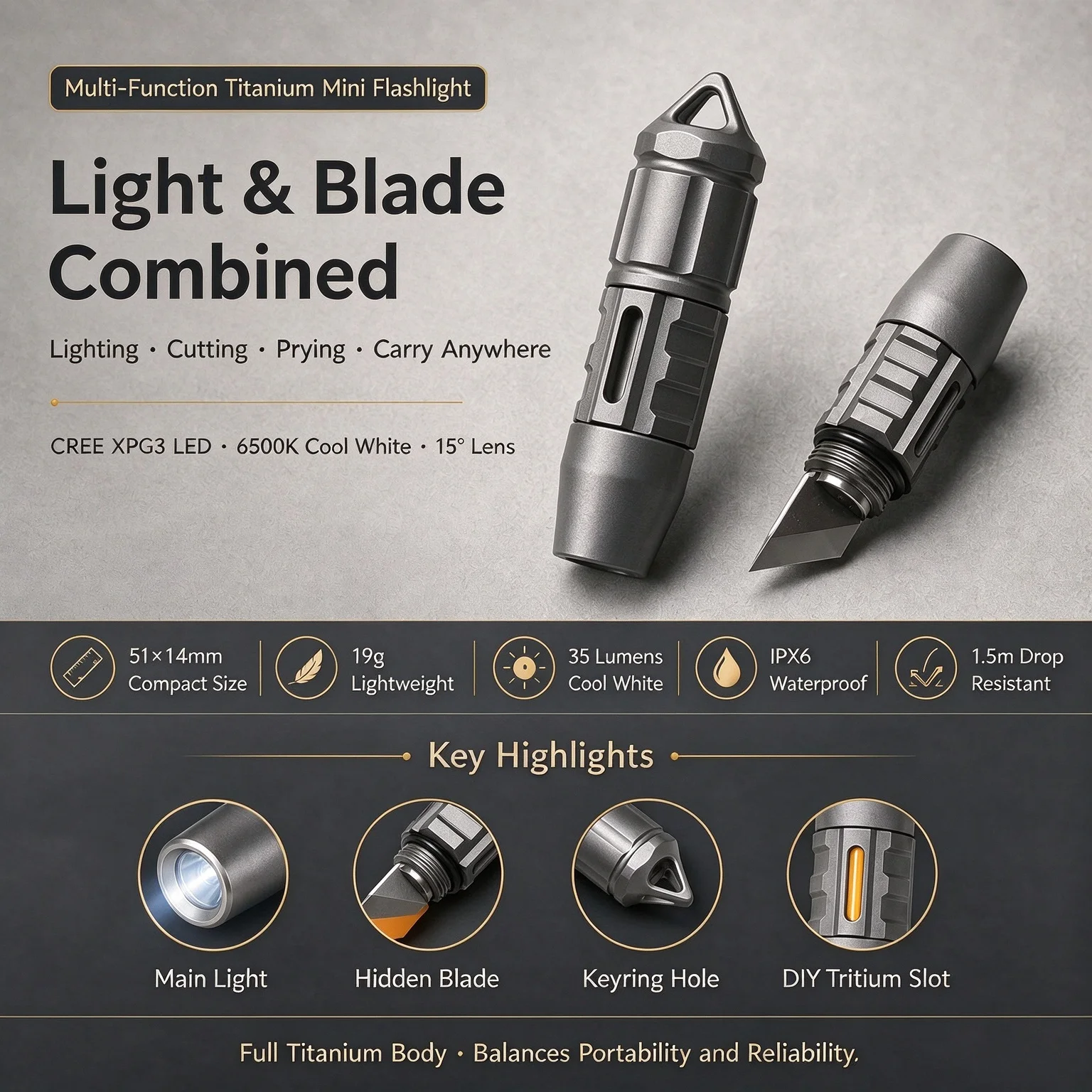EDC Mini Torch LED Flashlight Titanium Alloy Waterproof Portable Multi-functional Keychain Pry Bar Outdoor Camping Pocket Tools