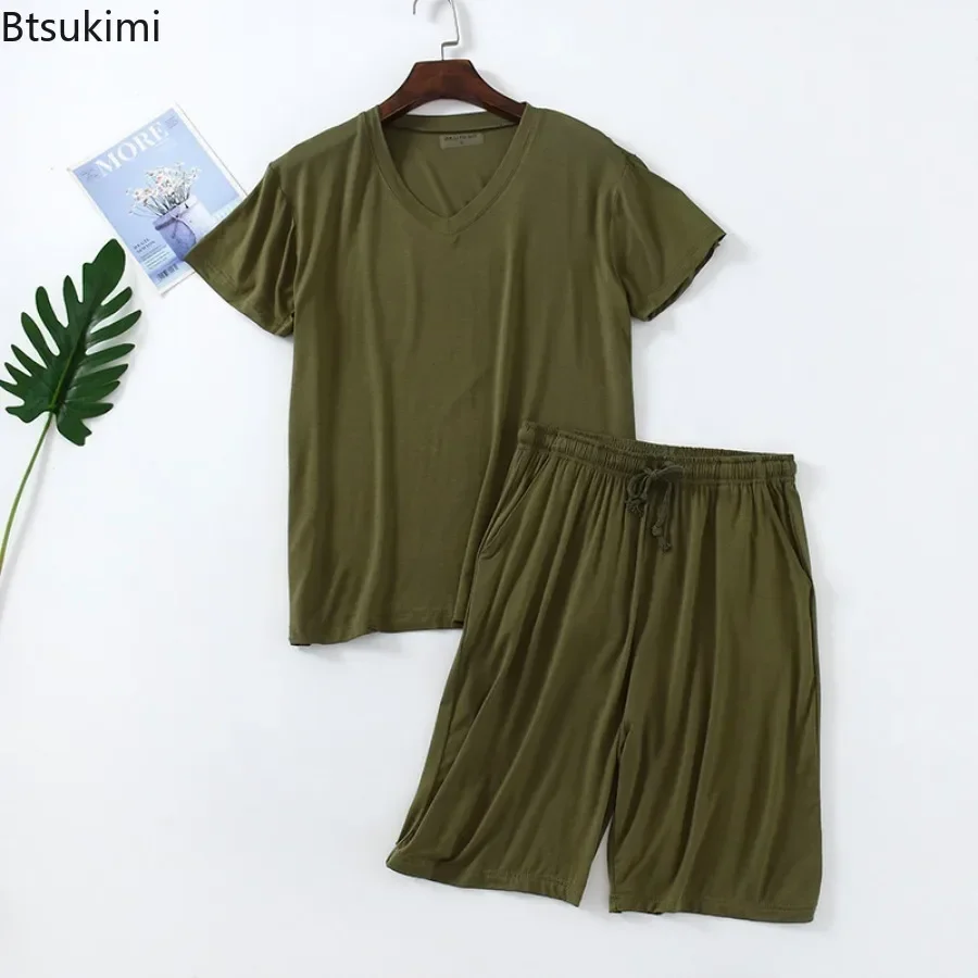 2025 Men's Summer Modal Pajamas Sets V-neck Short Sleeve Pulloves and Shorts Sets Homewear Male Soft Loose Thin Sleepwear Sets