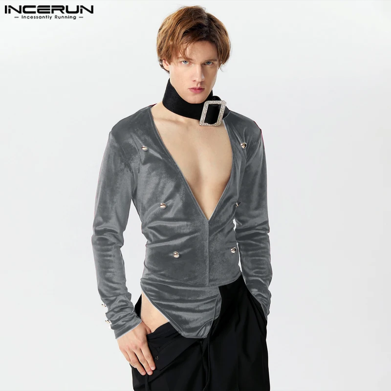 

Men's Bodysuits Solid Color Velour V Neck Long Sleeve Button Male Rompers Streetwear 2024 Fashion Casual Bodysuit S-3XL INCERUN