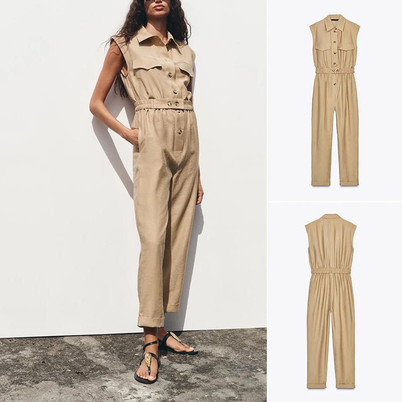 

Весенне-летний новый женский повседневный комбинезон Faion No Sve с воротником и поясом, прямые длинные брюки с высокой талией, полиэфирное волокно