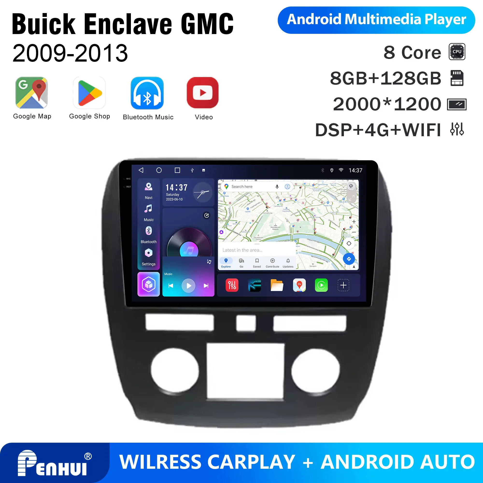 Penhui Android Car DVD Player 2 Din for Buick Enclave GMC 2009-2013 Multimedia Screen with DSP, Bluetooth, Audio & CarPlay