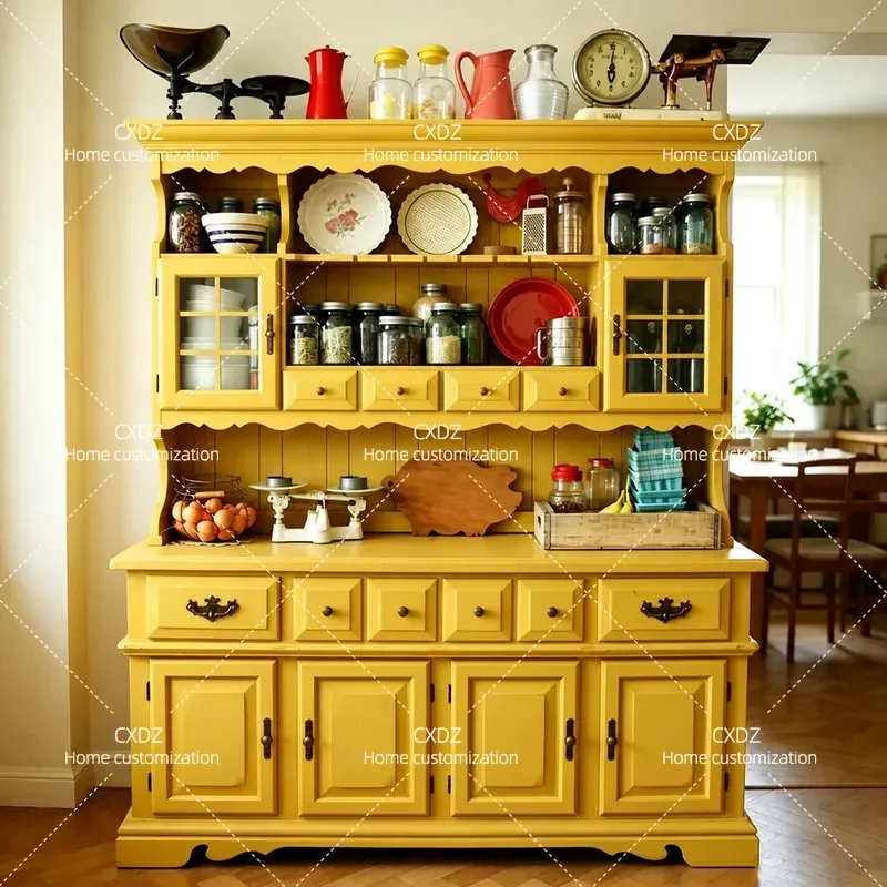 Retro Solid Wood Yellow Locker Antique Living Room Dining Side Cabinet Large Capacity Multi Layer Storage Cabinet
