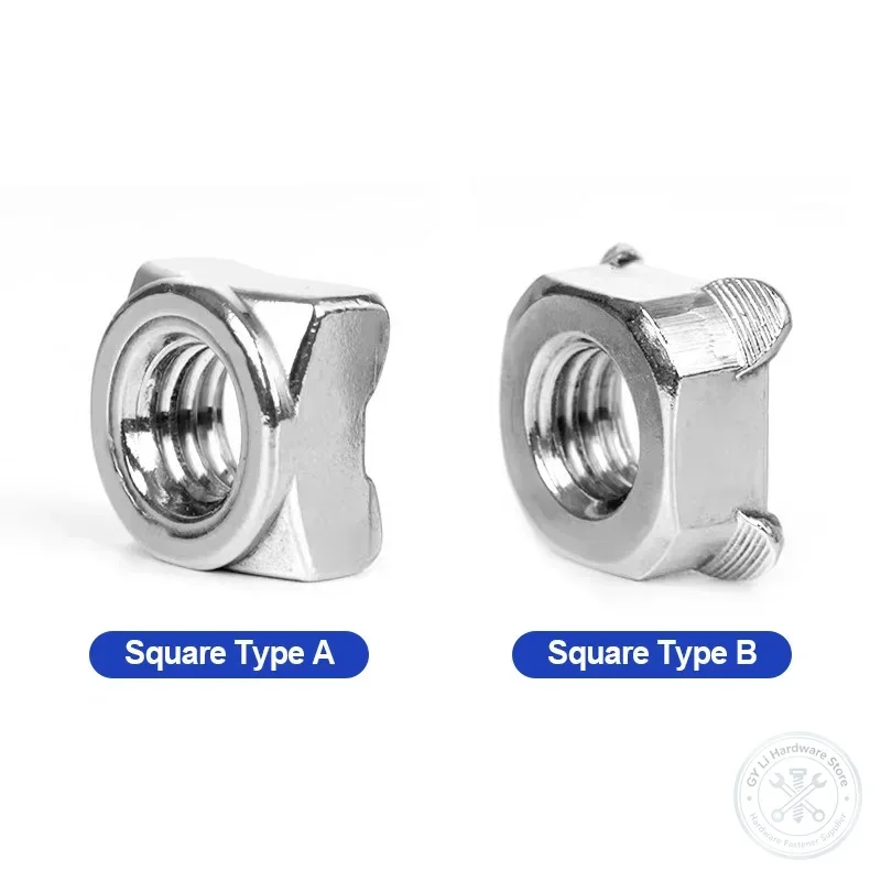 Square Spot Weld Nut DIN928 Type A Type B, Carbon Steel 304 316 Stainless Steel Square Welding Nuts M3-M12 Sheet Metal Fastener