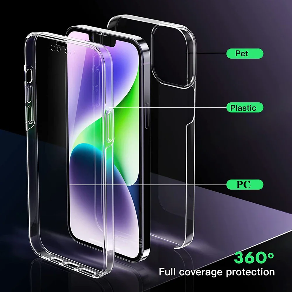 360° Full Cover Silicone Case For iPhone 15 Pro 14 13 12 Mini 11 Pro XS Max X XR SE 2022 2020 7 8 Plus Hybrid Soft PC Hard Shell