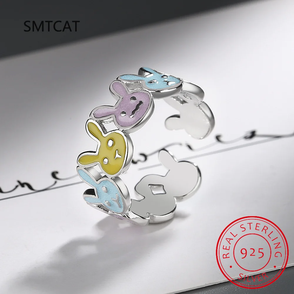 

925 Sterling Silver Rainbow Enamel Rabbit Finger Ring for Women Stackable Silver Multicolor Bunny Ring Adjustable Fine Jewelry
