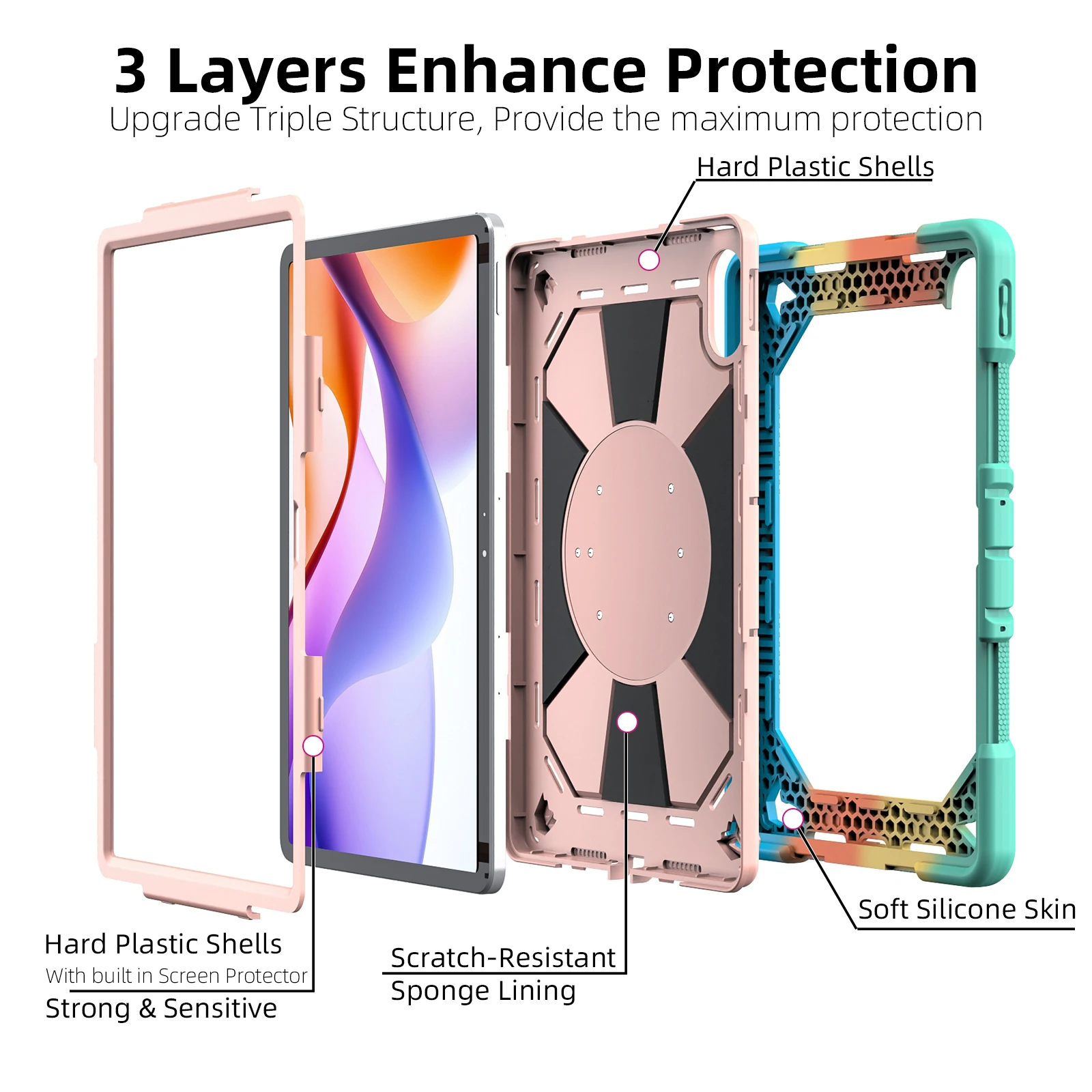 For Xiaomi Redmi Pad 2 Pro Case with Hand Grip Kickstand PC + Silicone Tablet Cover - Rainbow+Pink