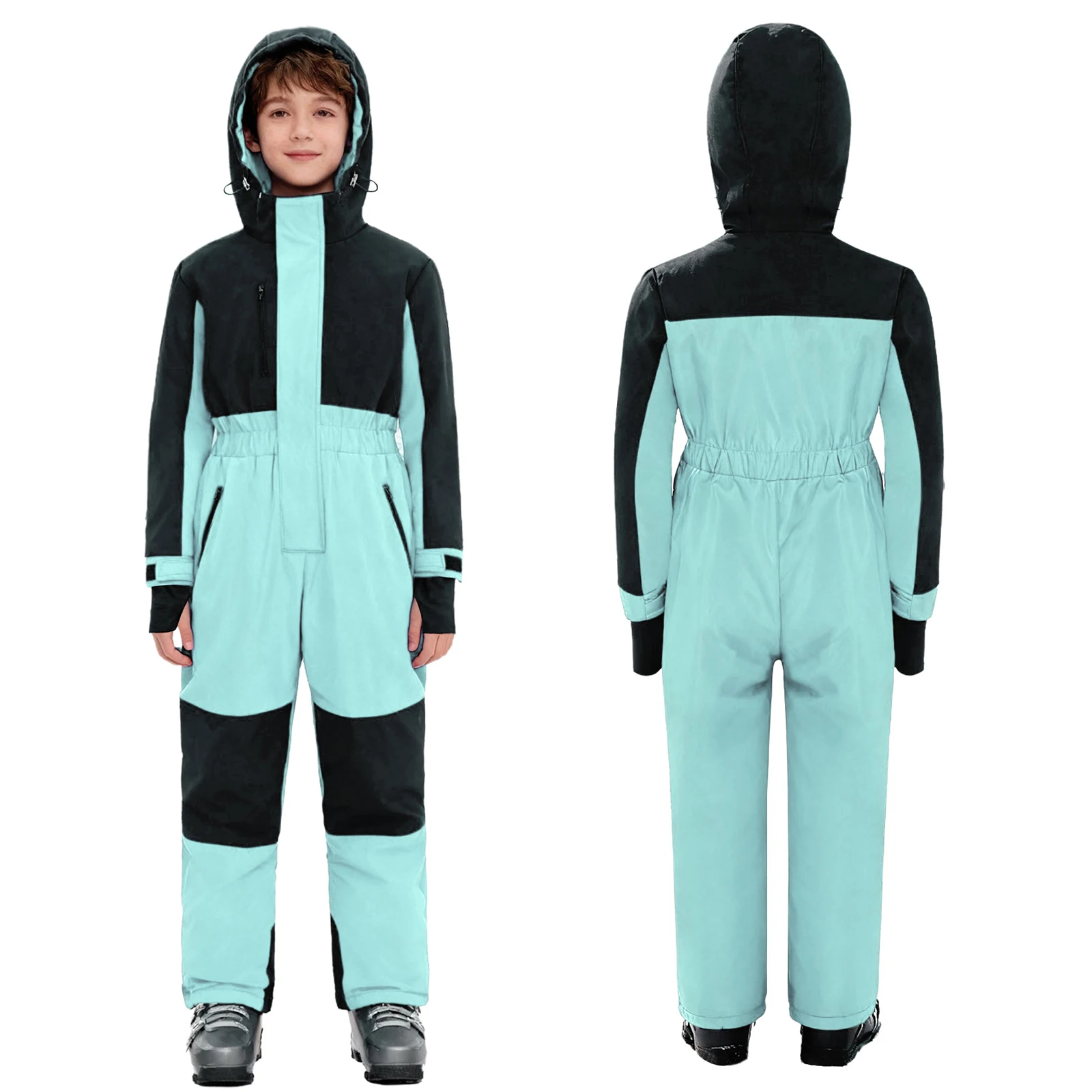 Traje de nieve para niños, traje de esquí impermeable de una pieza, mono de nieve con capucha y cremallera de manga larga con bolsillos para esquiar y snowboard