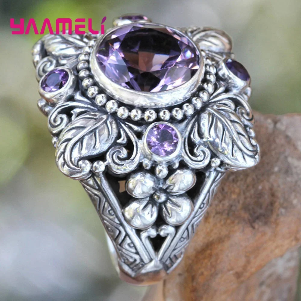 Luksusowy fioletowy kryształ 925 Sterling Silver zostaw pierścienie dla kobiet duży cyrkonia kamień Anel biżuteria na palce ślubne Accessorize — zdjęcie 4