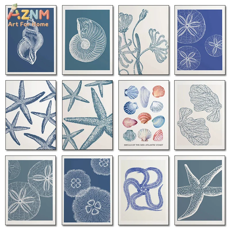 AZNM Blue Ocean Seashell Starfish Sea Urchin Marine Life Illustration Frameless Canvas Wall Art Coastal Home Decor