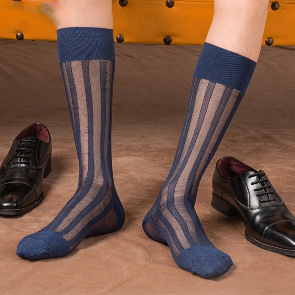 Summer Men's Striped Sock Sexy Sheer Stockings Casual Business Formal Dress Socks Breathable Man Stocking