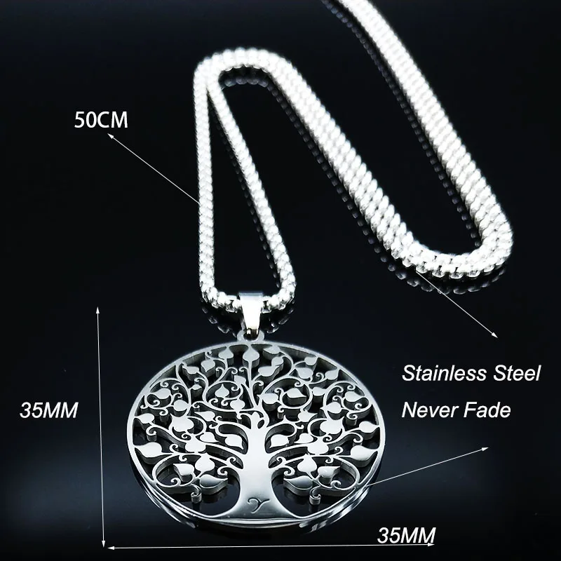 Tree of Life Pendant Stainless Steel Necklace Silver Color  Women Men Amulet Neck Chain Jewelry collar arbol de la vida N11S01