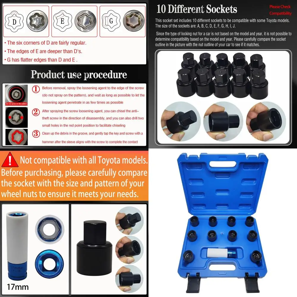 

Комплект ключей для стопорной гайки колеса, 11 шт., совместимый с моделями Toyota, Lexus, Tacoma, набором адаптеров для стопорной гайки колеса, противоугонных колес