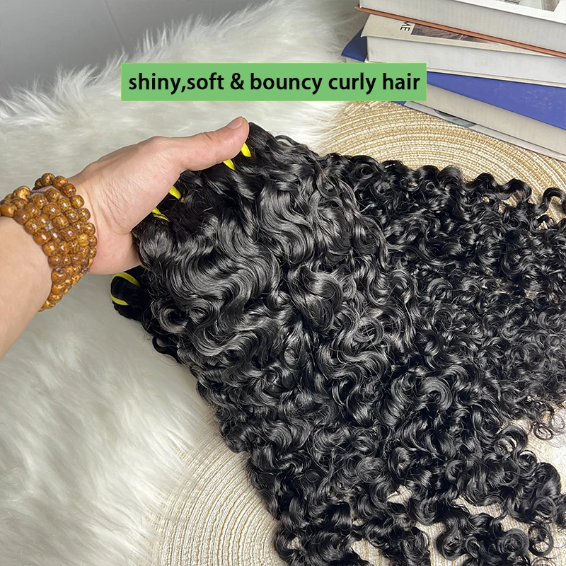 미가공 버마산 곱슬머리 생인모 묶음 베트남산 생인모 붙임머리 도매, 풀 헤드 탄력있는 곱슬머리 특가