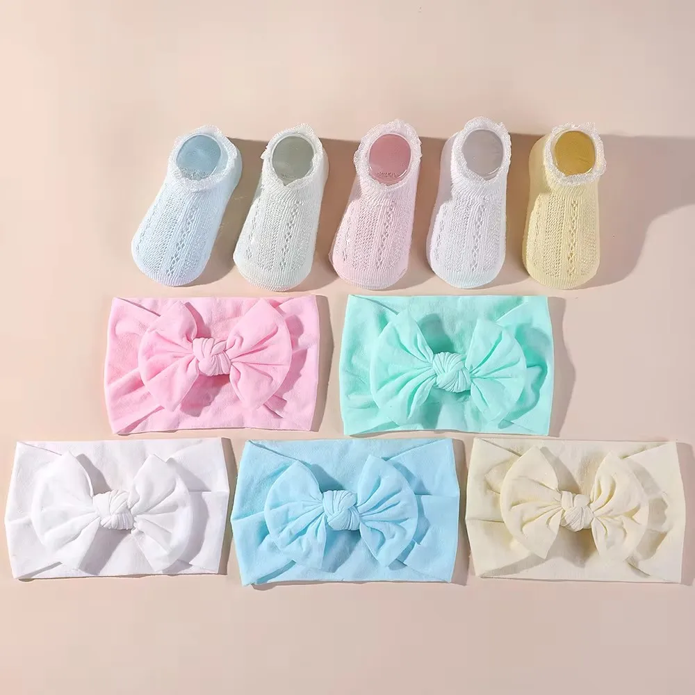 Newborns Soft Headband Socks Set Casual Baby Lace Socks Sets Elastic Solid Color Head Band for Infant Kids Hairwear Accessories