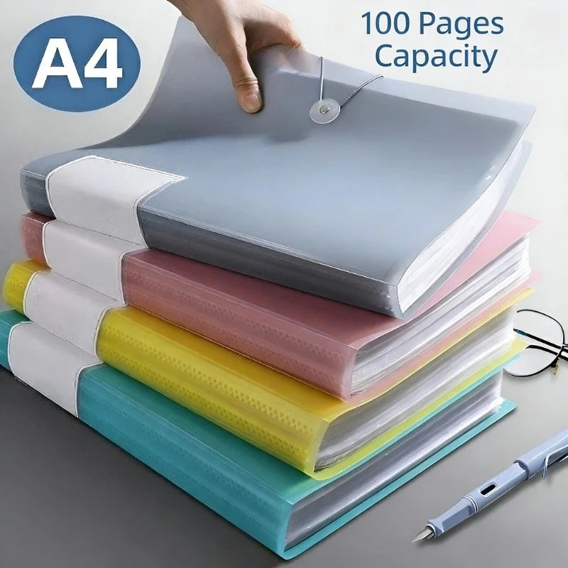 A4 100Pges Capacity  Data Bag Office Study Document Case Durable Layered Insert Archive Transparent Plastic File Folder