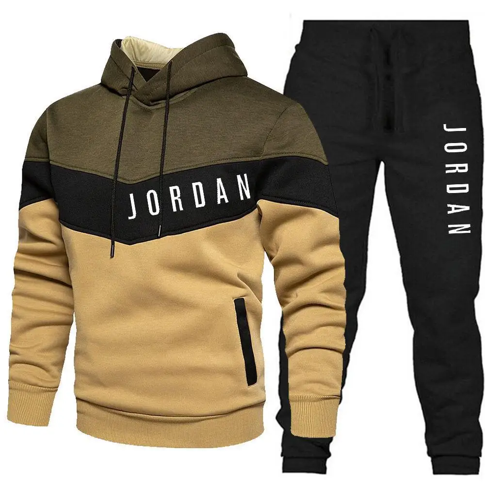 

New autumn and winter patchwork hooded sweatshirt set for men, fleece sweatshirt + casual pants fitness two-piece set