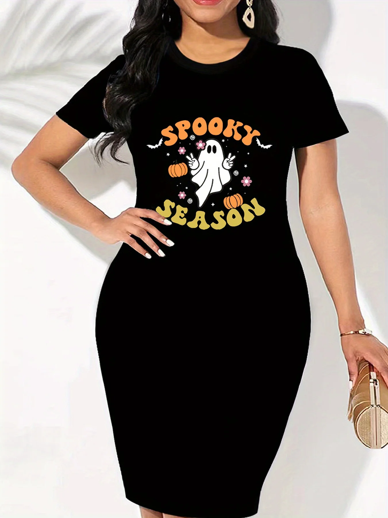 

Жуткий сезон Хэллоуин Графический принт Повседневное облегающее платье Мини-платье с коротким рукавом и круглым вырезом для женщин больших размеров Черный дизайн