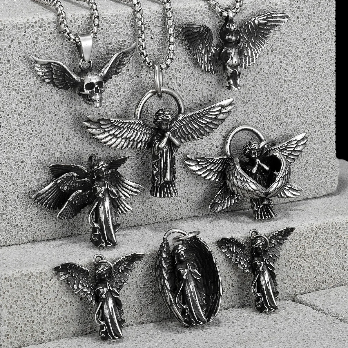 Angel Wing Pray Amulet Stainless Steel Men Necklaces Pendant Chain Punk New in For Couple Women Fashion Jewelry Gifts Wholesale