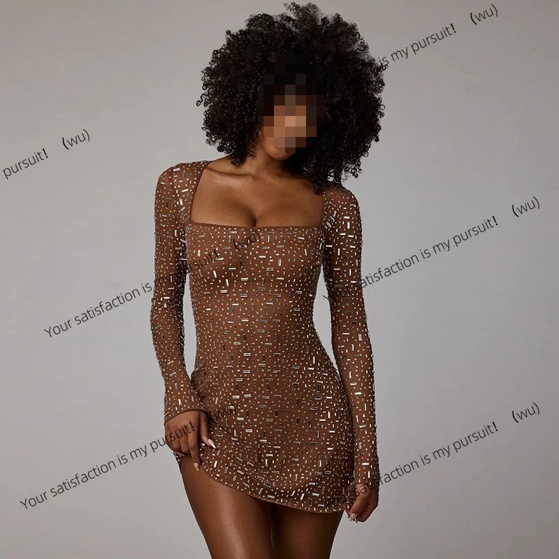 ZOCI-Gaun seksi gaya wanita, potongan ramping, kerah persegi, lengan panjang, kain jala berlian, sedikit longgar.