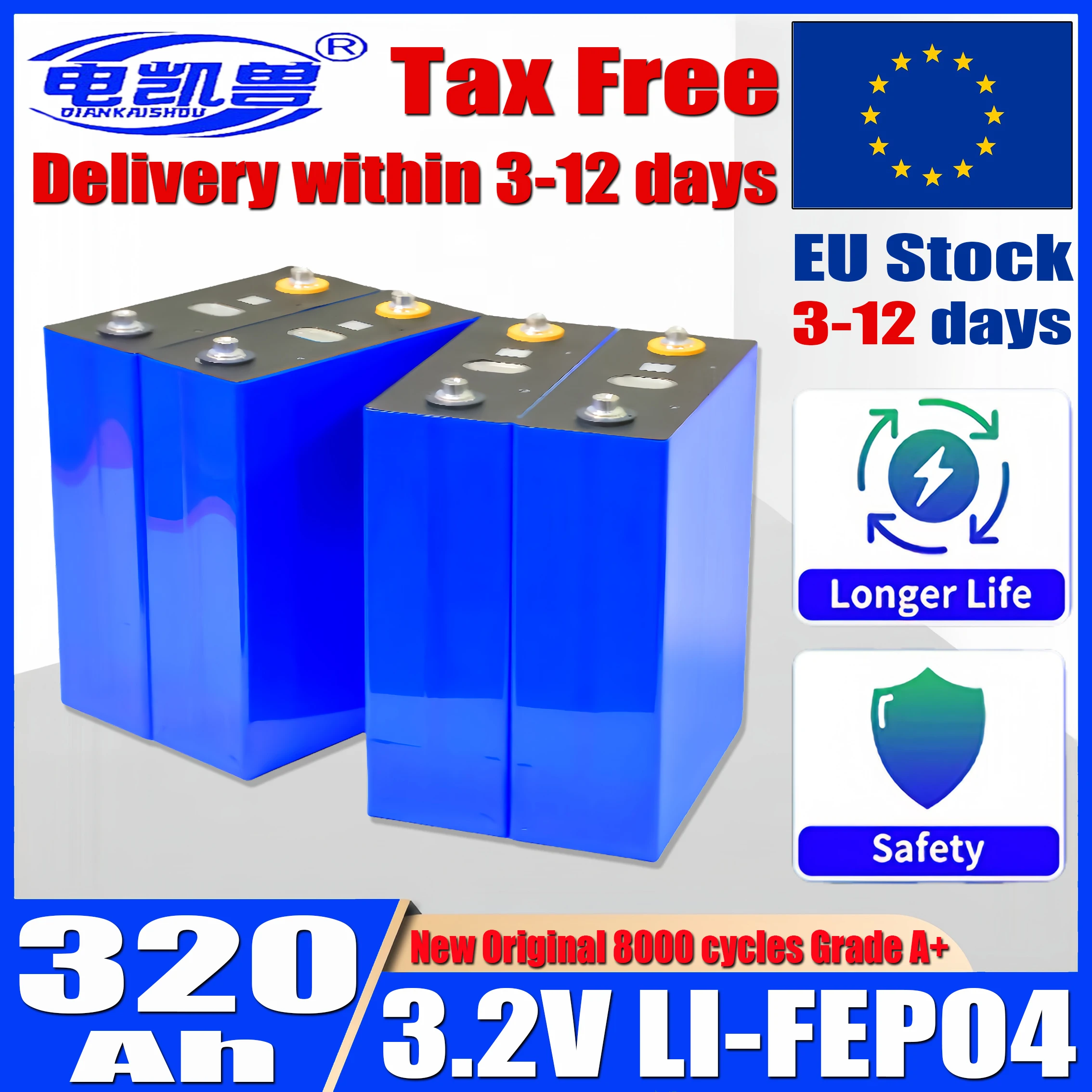 

Grade A 8000 cycle 3.2V 320Ah Lifepo4 Battery Lithium iron phosphate Rechargeable Cell For DIY 12V 24V RV Solar Camping EU Stock