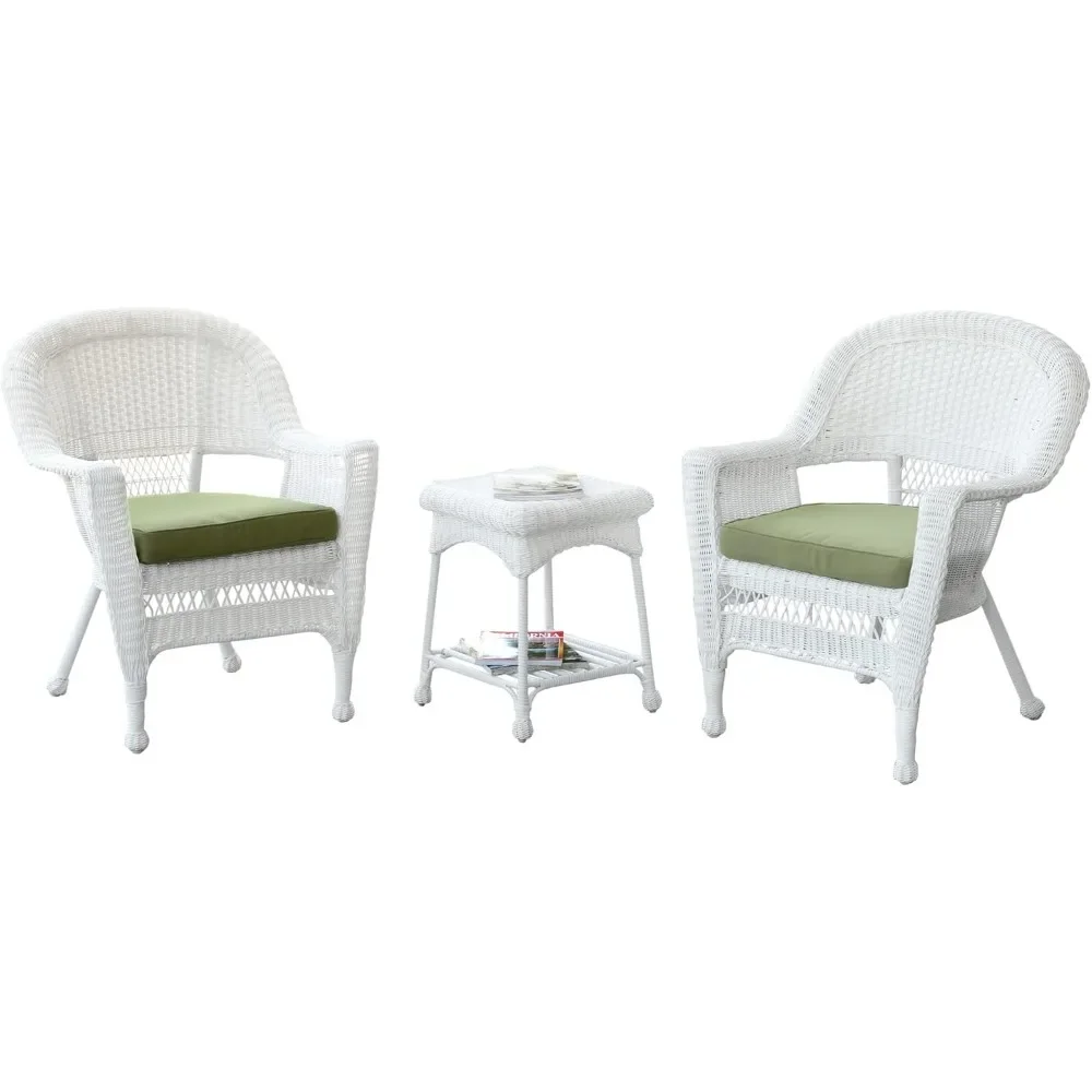 

3 Piece Wicker End Table Set with with Green Chair Cushion