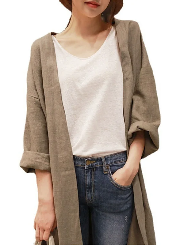 Medium length cotton linen sunscreen jacket female spring and summer Korean version large loose linen thin knee cardigan RLW2