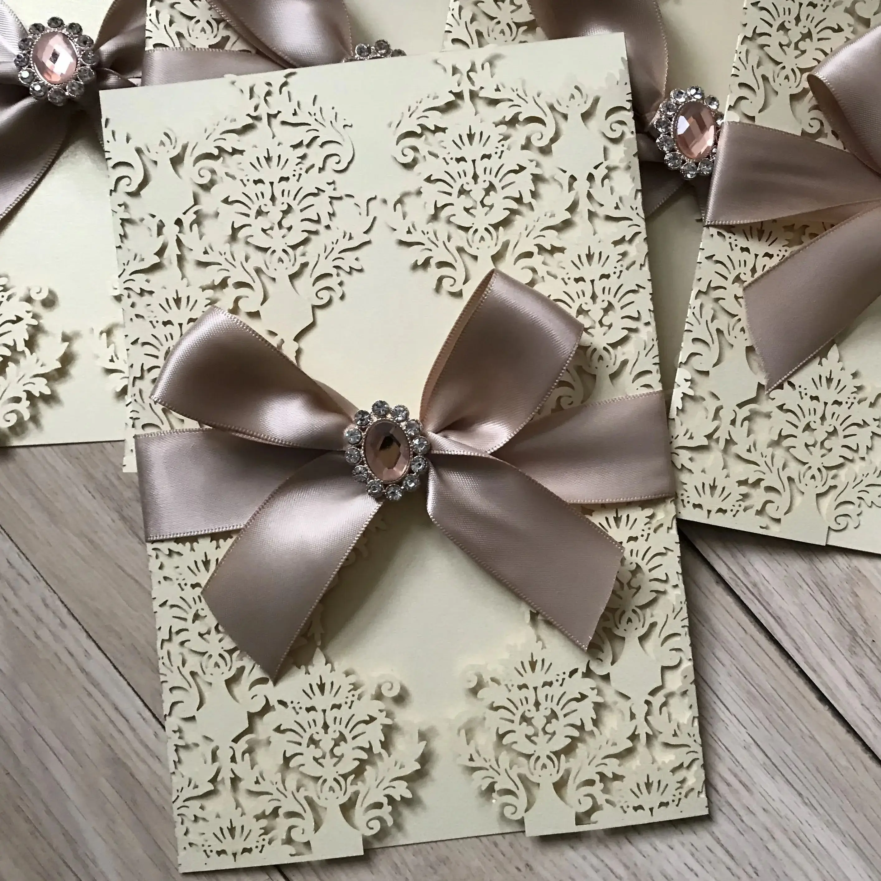 

10pcs Custom Paper Laser Cut Wedding Invitation Card with Ribbon&Rhinestone,Your Own Handmade Invite Cover for Favor Decoration