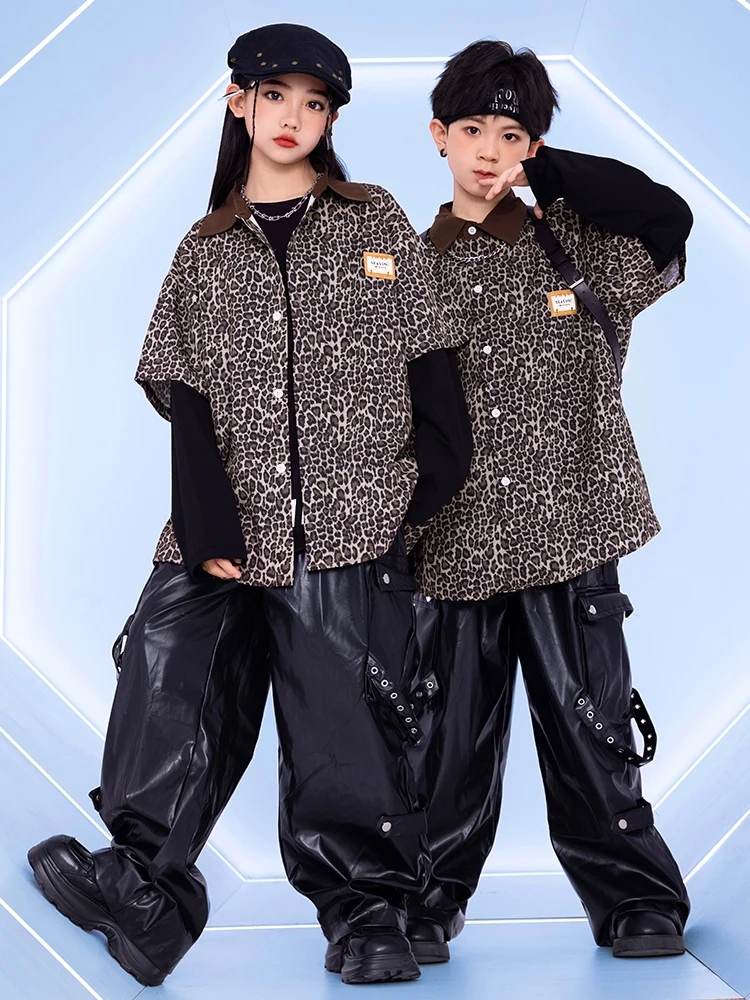 

Teenagers Hip Hop Dance Clothes Fashion Girls Costume Leopard Shirts Leather Pants Boys Drum Street Dance Performance Wear 13590