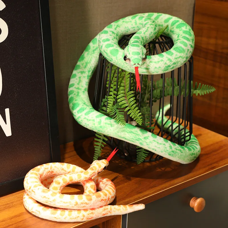 Realistisches Python-Schlangen-Plüschkissen in Grün, Orange und Gelb, Niedliches Kuscheltier für Sofa und Schlafzimmer, Kuschelige Deko-Puppen