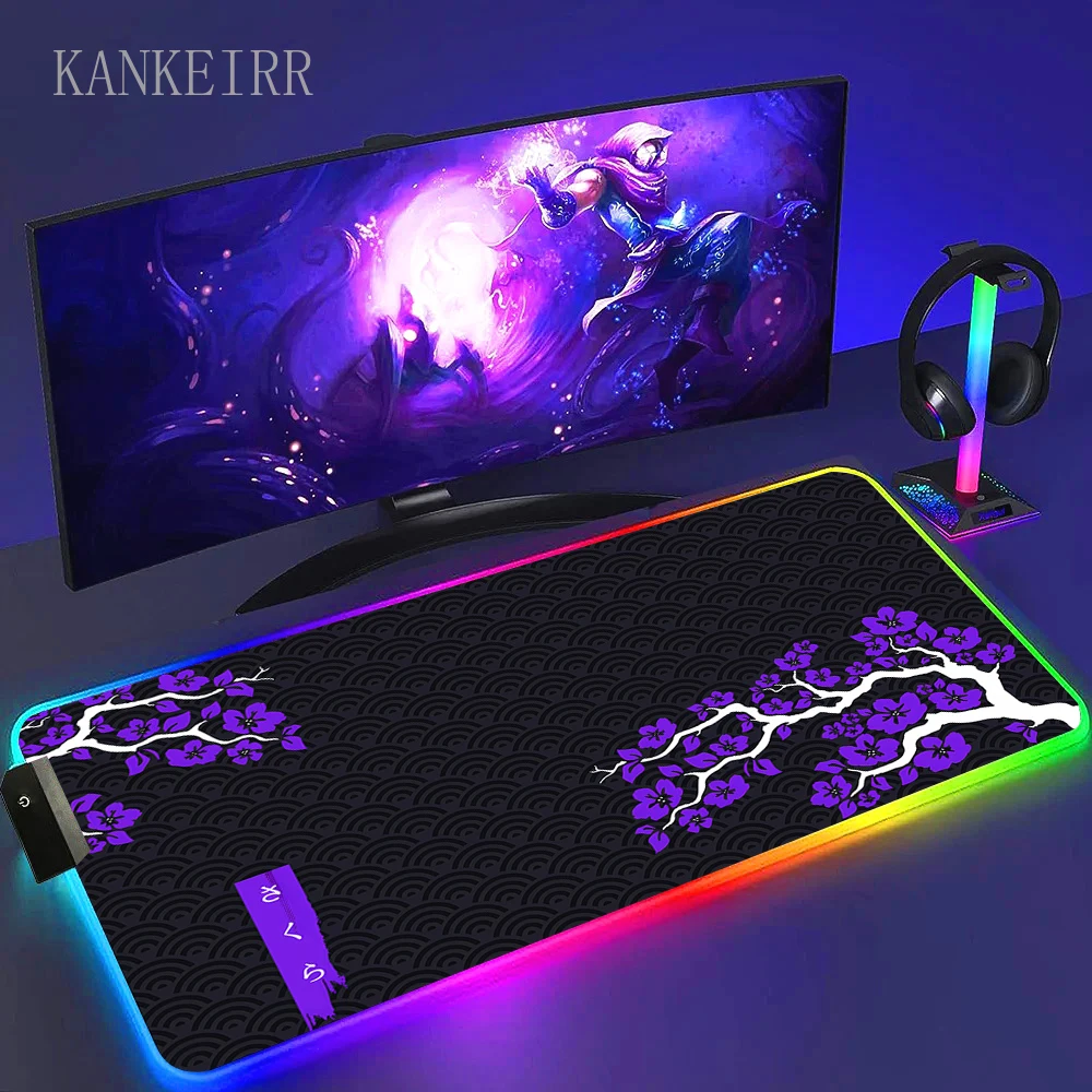 LED Desk Mat Colorful Sakura Gaming Emit Light Mouse Pad Large Office Carpet Accessories Cherry Blossom Rug RGB Computer Mats