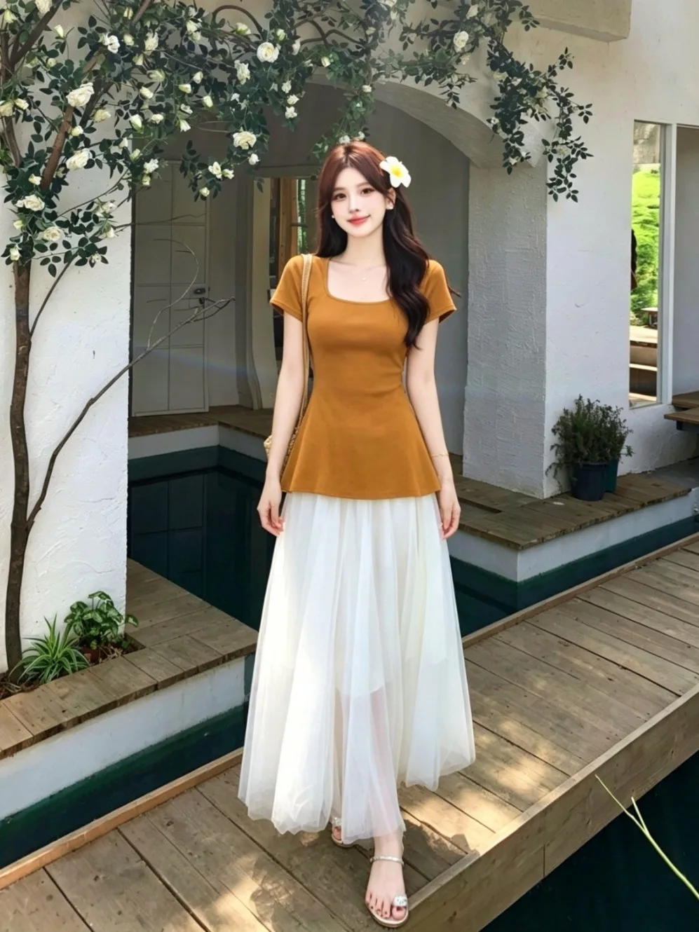 

plus Size Fashionable Set Summer New Design Square Collar Waist Cinching Slimming Short Sleeve Mesh Half Skirt Korean Style L...