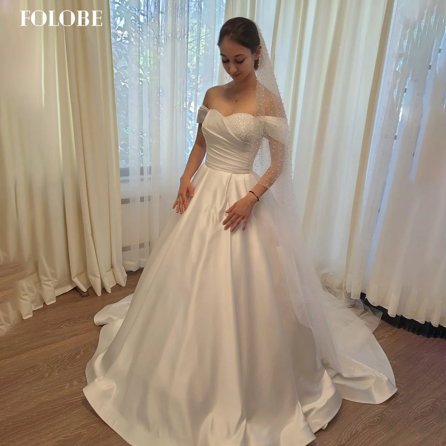 FOLOBE robe de mariée à épaules dénudées avec perles robe de mariée trapèze Gorgeou balayage Train robe de mariée vestidos de noche personnalisé