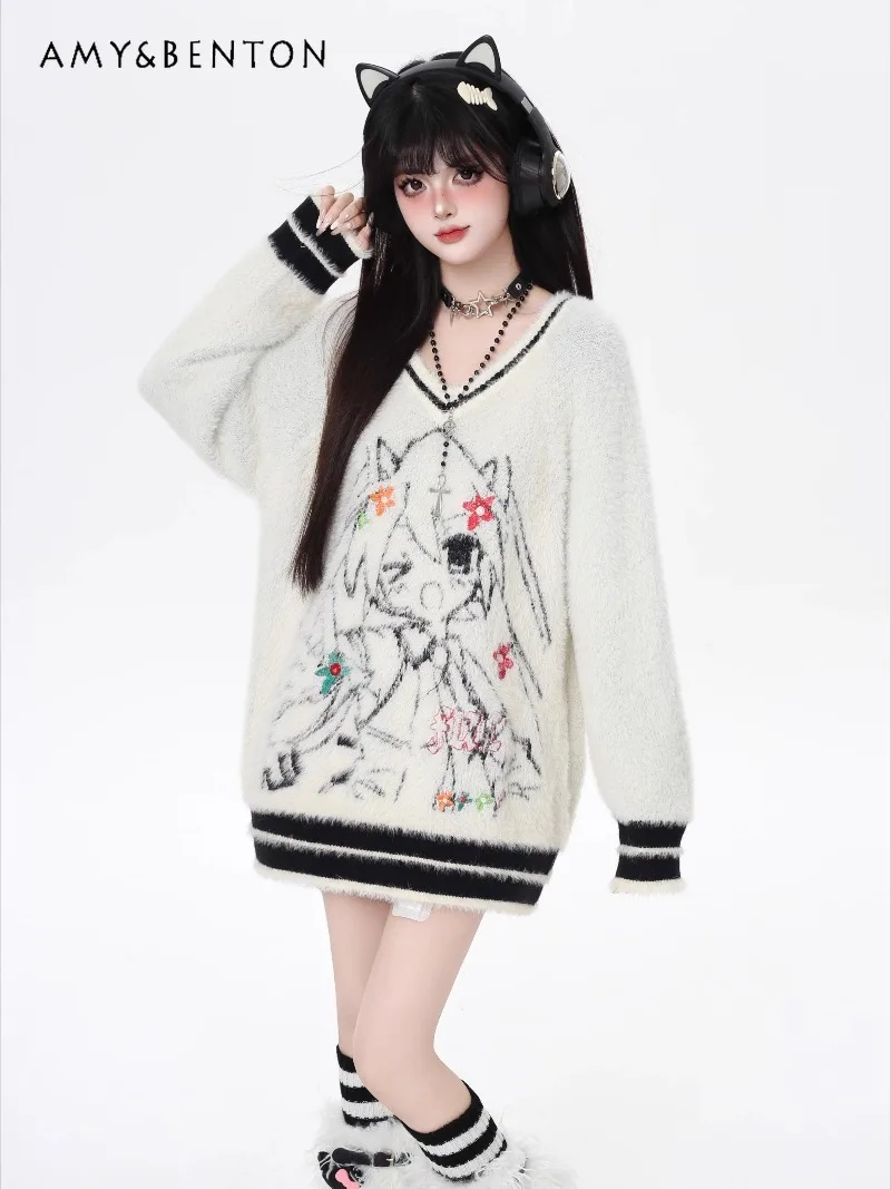 

Anime Line Girl Mink Fur V-Neck Soft Loose Sweater Top Japanese Sweet Cool Harajuku Style Patchwork Color Mid-Length Sweaters