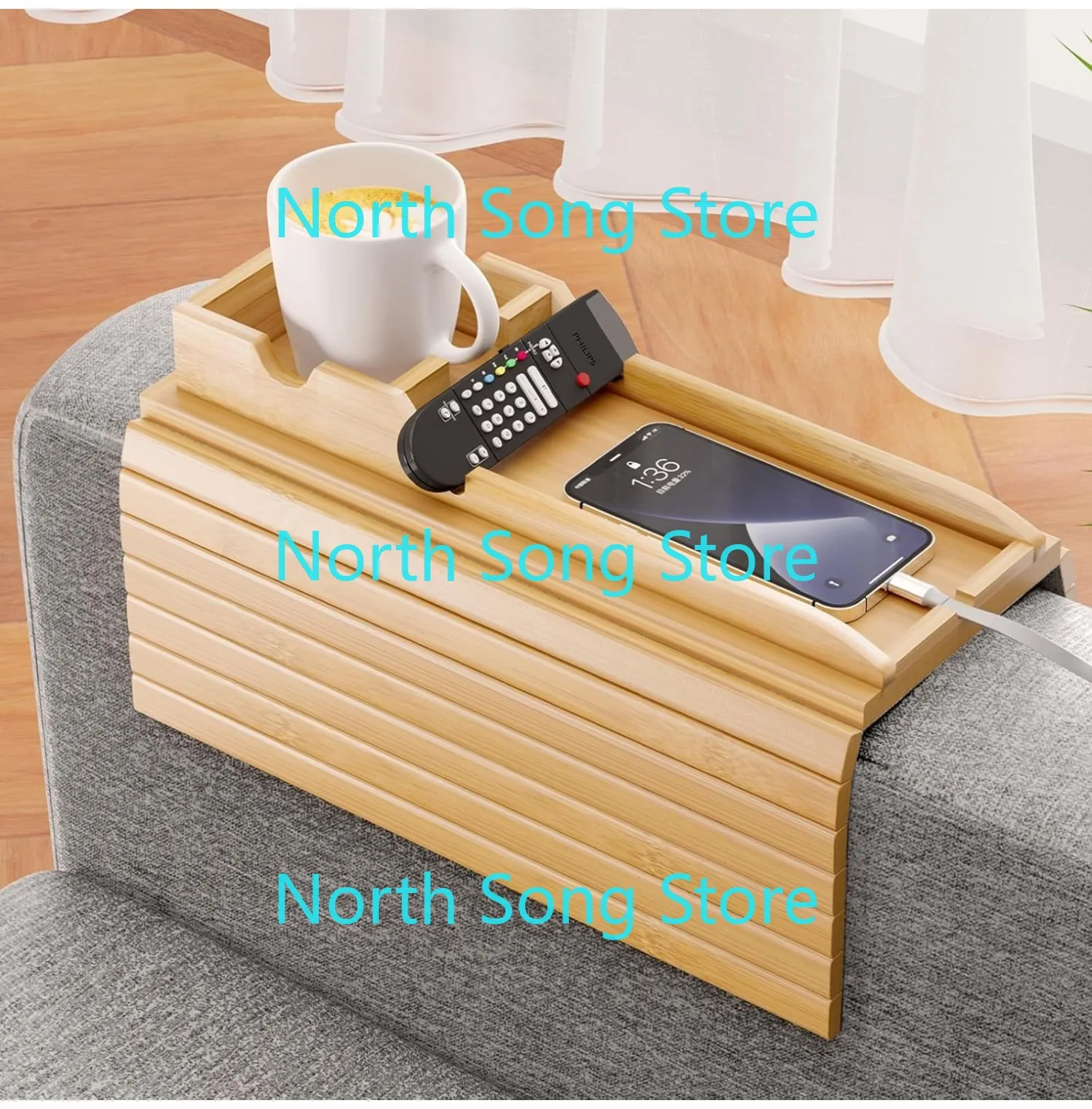 

Bamboo Sofa Armrest Tray - Couch Arm Tray with Detachable Couch Cup Holder - 2 in 1 Anti-Slip Foldable Sofa Armchair Caddy Table