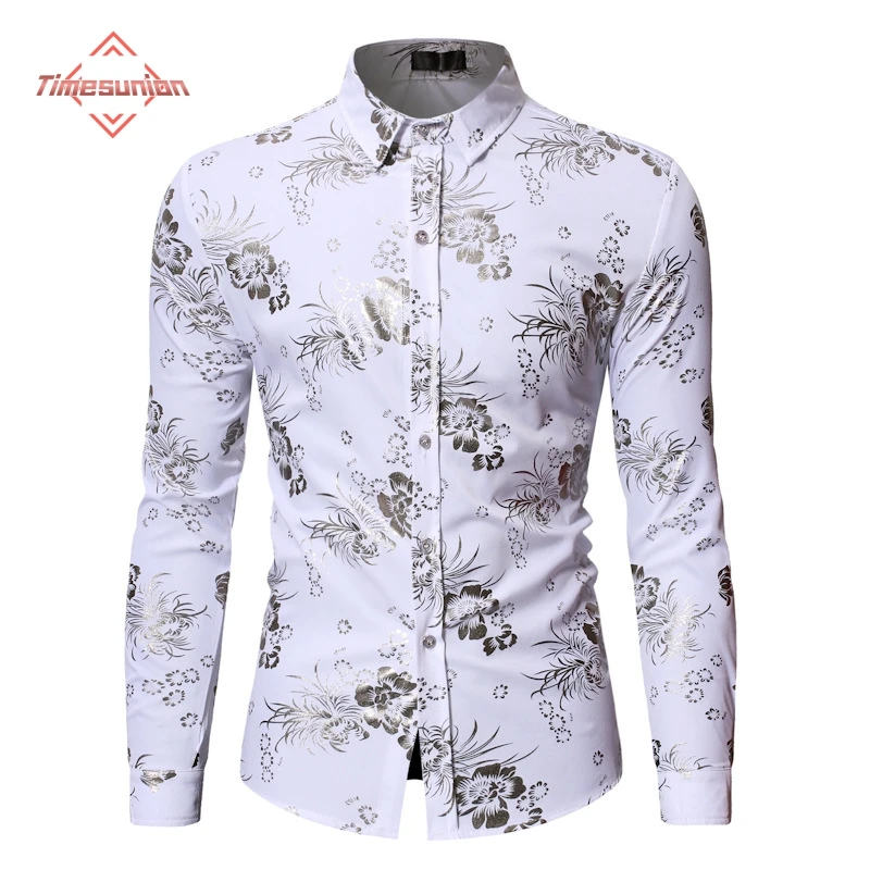 

Men's Paisley Silver Shiny Print Dress Shirts Luxury Design Slim Fit Button Down Stylish Shirt Men Wedding Party Banquet Chemise