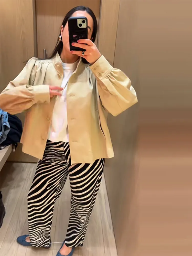 

Women Coat Stand Collar Jacket Beige Padded Shoulder Puffed Sleeves Top Button-Down Crop Blazer Spring Outfit Woman Clothes Wear