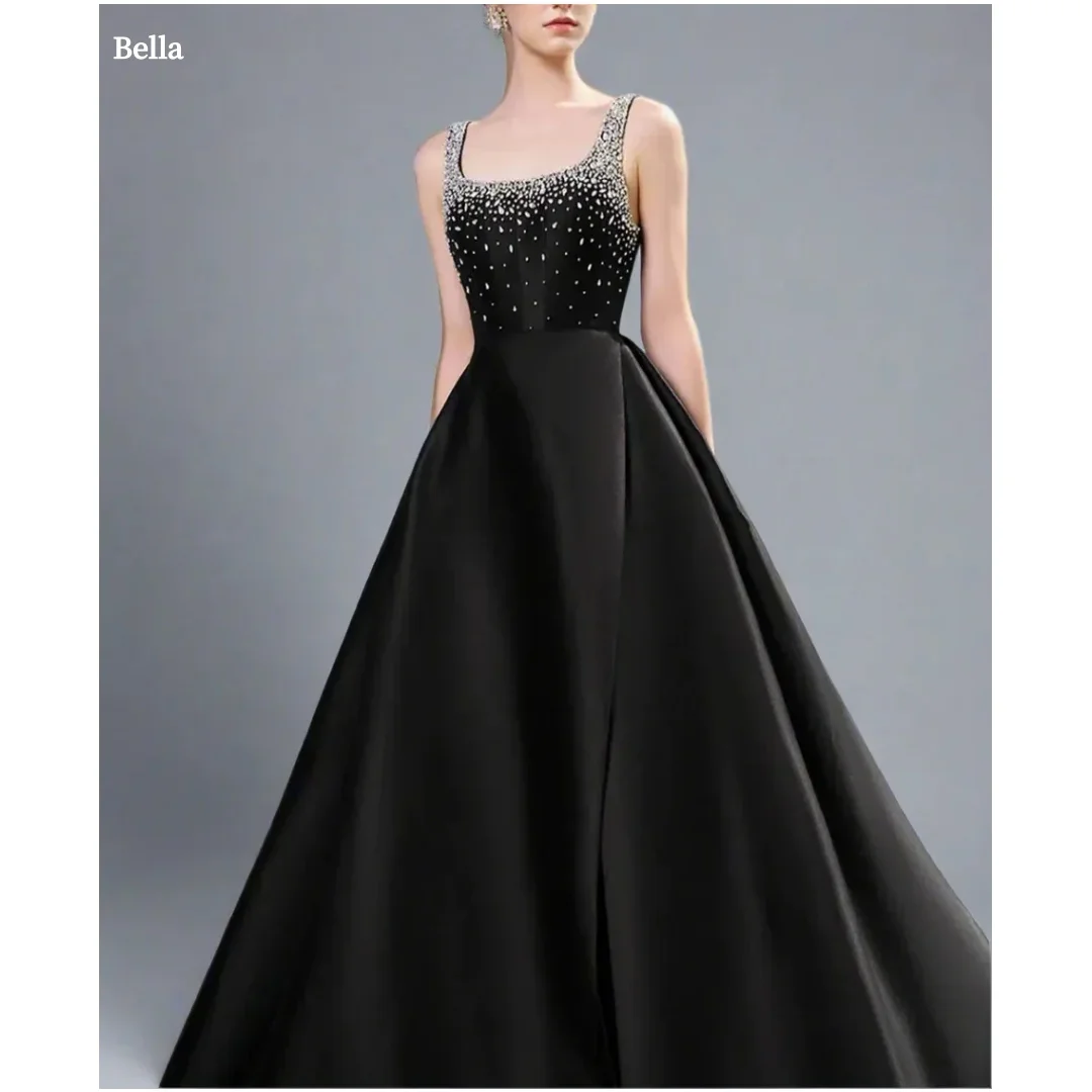

Bella Customized Women Black Square Neck Prom Dress Beaded Sleeveless Satin Ball Gown Party Dresses robes de soirée A-line 2025