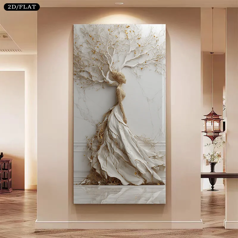

2D Flat, Large Modern Golden Tree and A Woman Canvas Wall Art, Unframed Abstract Elegant Prints for Living Rooms & Office Decor