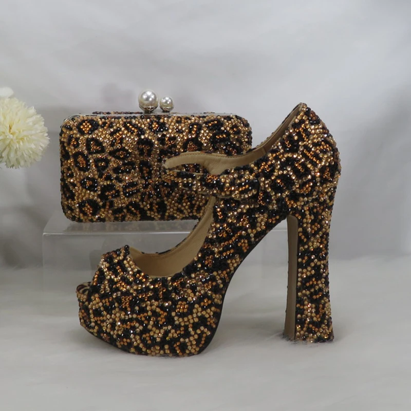 

Luxury Leopard Thick Heel Bridal Wedding shoe and purse Woman High Pumps Open Toe Hook Evening Party Platform Shoes Peep Toe