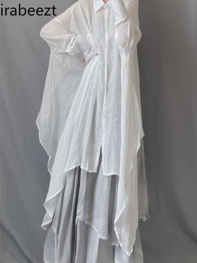 

Women’s Loose Bohemian Linen Shirt Dress with Asymmetrical Hemline - Long Loose Bell Sleeve Top Blouse for Summer Casual