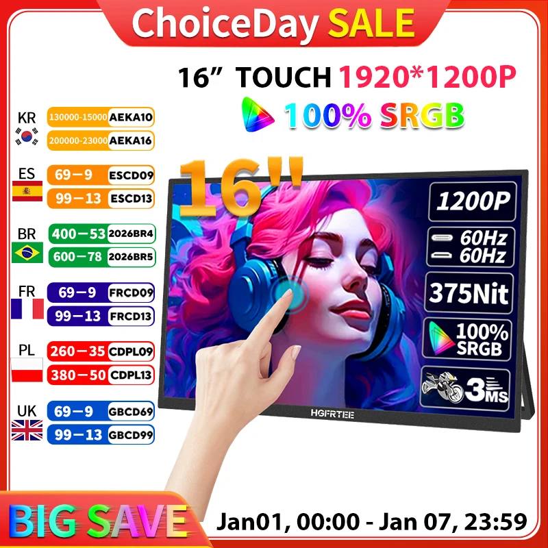 HGFRTEE 16inch Touch Portable Monitor 16:10 96%sRGB 350Cd/m² Second Screen For Laptop With Holder Stand Type-C HDMI-Compatible