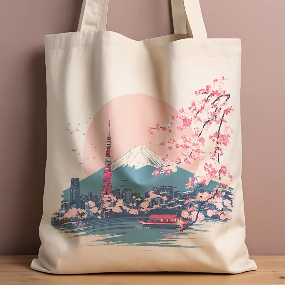 1pc Tokyo Skyline Shoulder Bag, ideal for Japan trips and daily commutes Reusable tote adorned with cherry blossoms, Mount Fuji