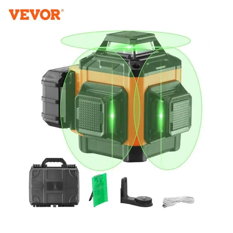 VEVOR 100/50ft Self Leveling Laser Level Manual 3 x 360° Cross Line Laser Remote Control 2/12/16 Lines Green Red Laser Beam Line