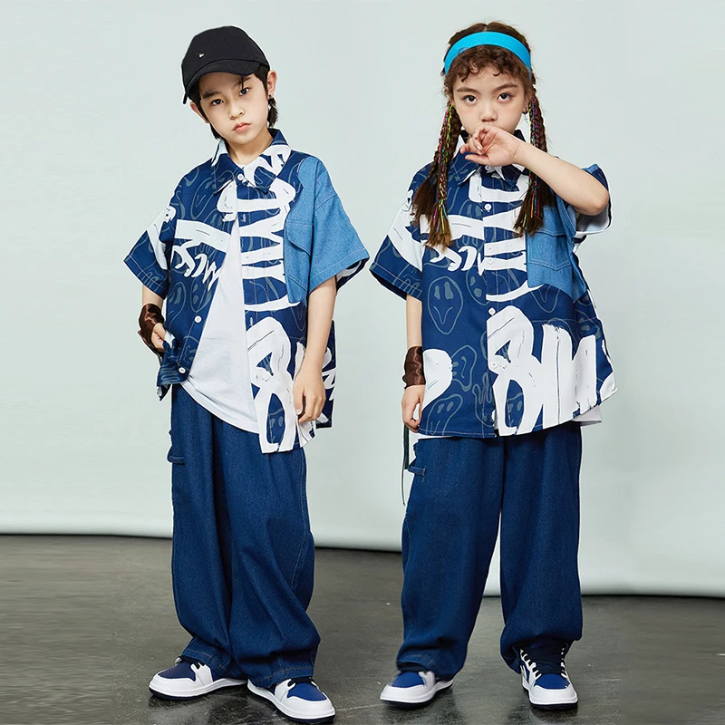 Street Dance Clothes Hip Hop Outfit Blue Shirt Pants Kpop Jazz Dance Clothing Children's Day Dancewear Festival Costume DL10427