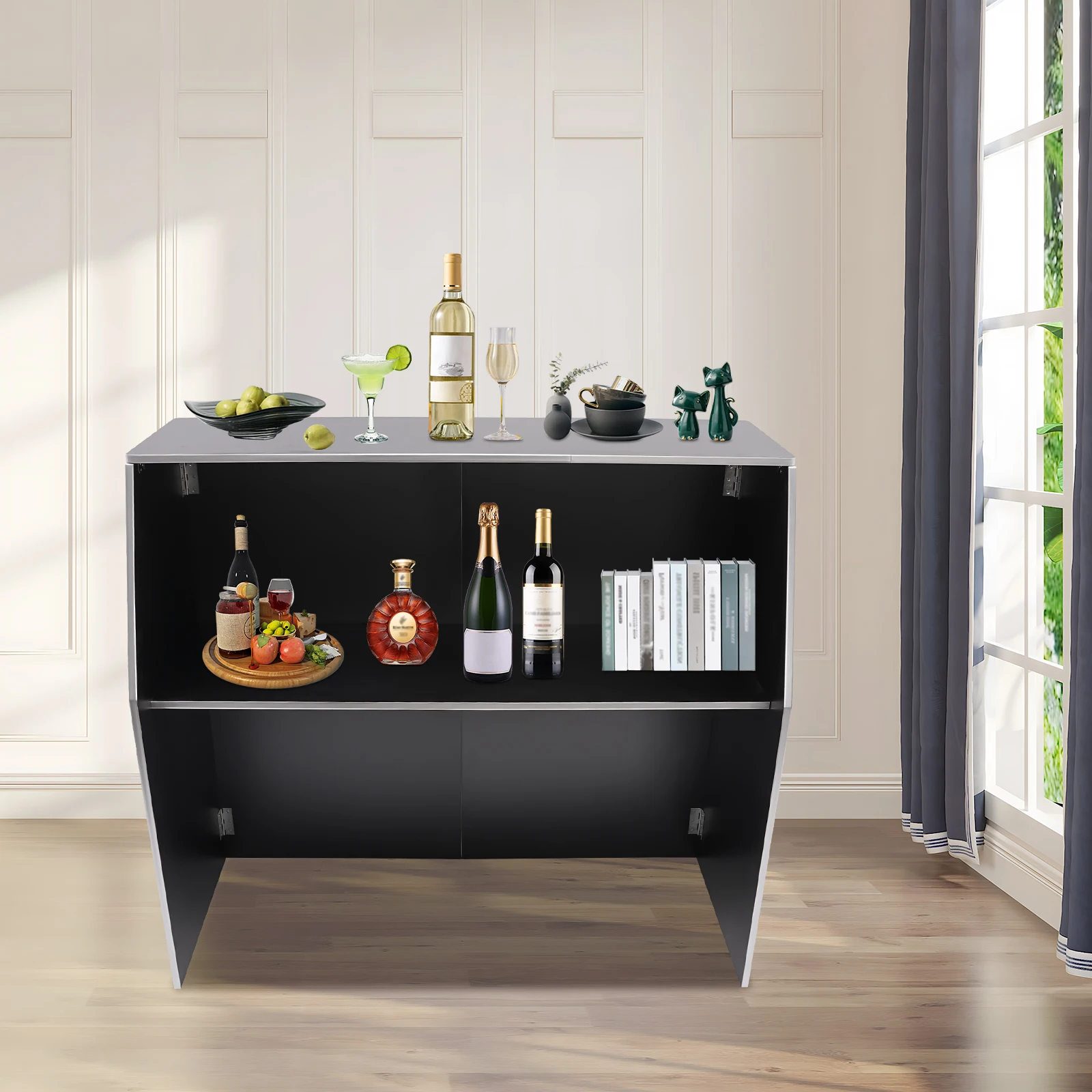 

Portable Bar Cabinet – 19.5" x 47.75" x 42.75", Black with Aluminum Trim