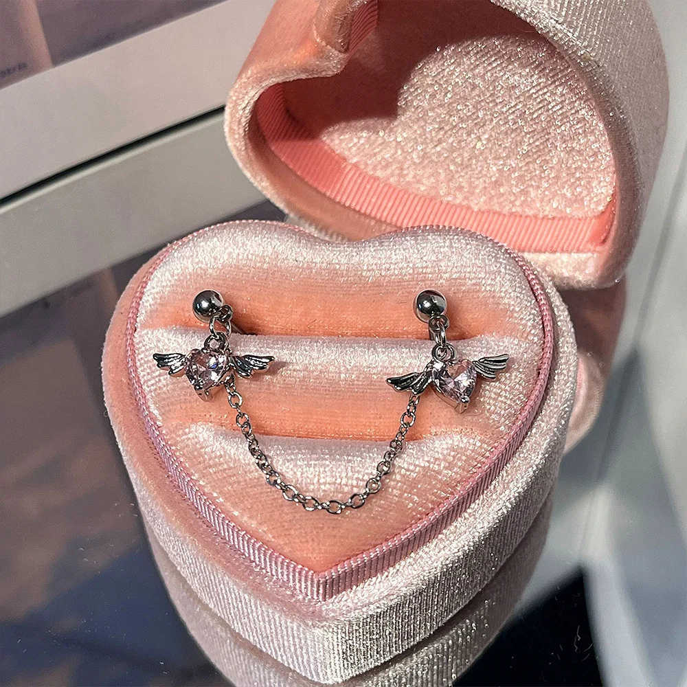 1pc Helix Piercing Chain Earrings For Women Sweet Cool Style Zircon Heart With Wings Double Screw Stud Ear Accessories KDE211 image 4