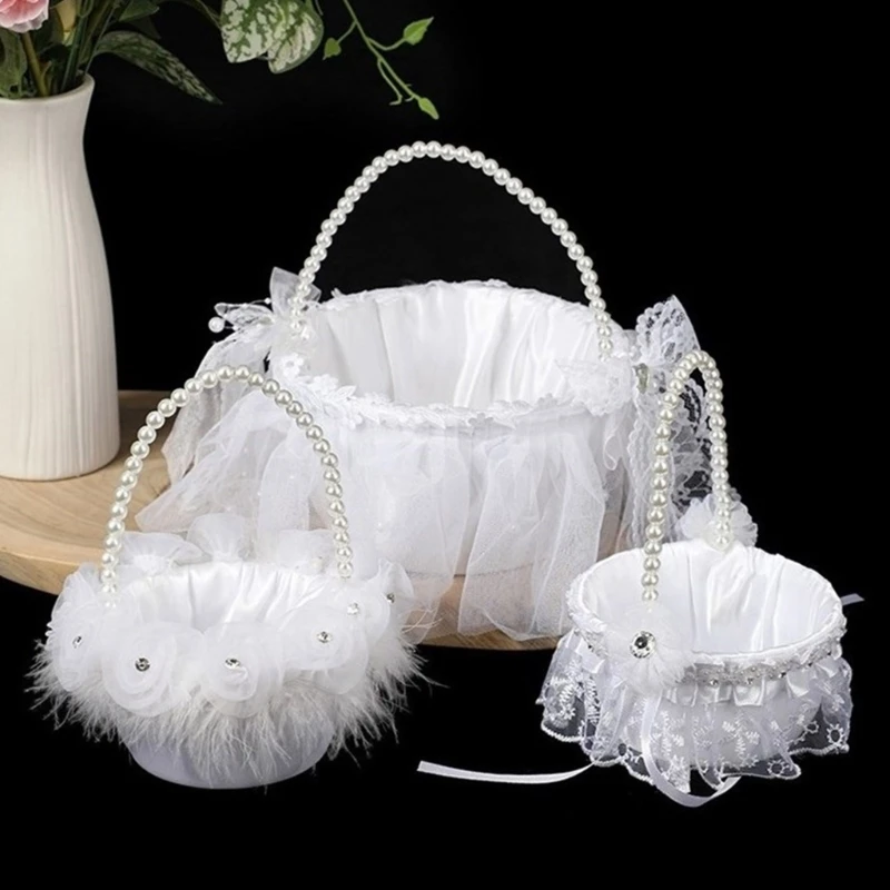 Flower Girl Basket Theme Wedding Small Baskets with Pearls Laced Ribbon Bowknot Decorations Ceremony Party Supplies