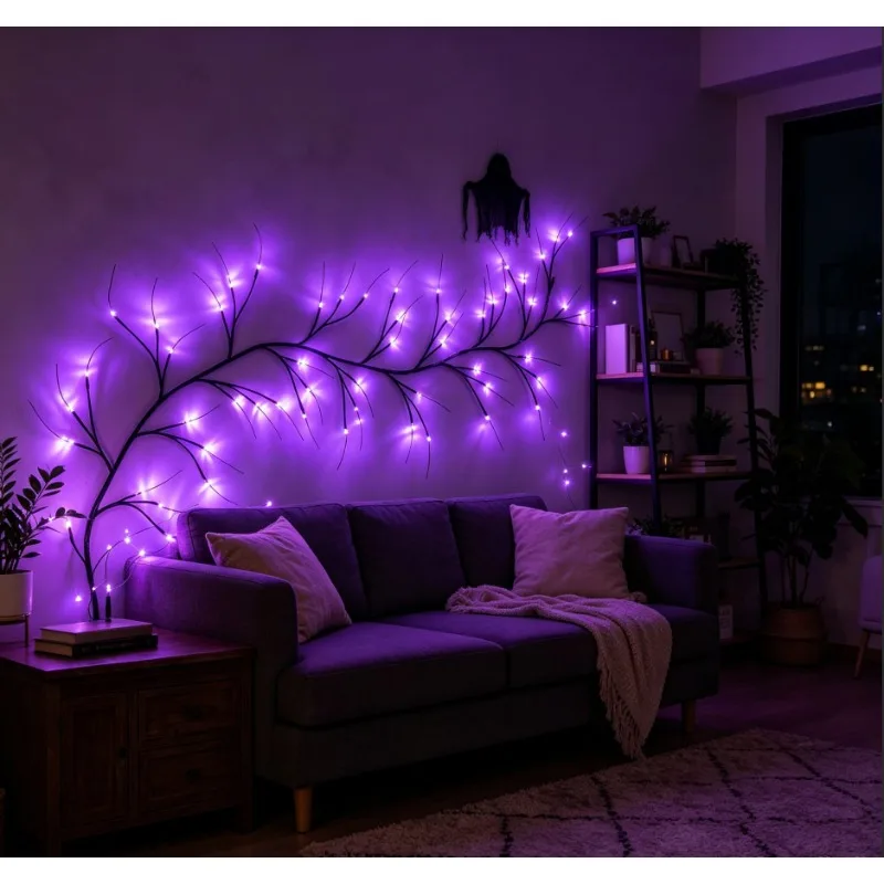 Purple Halloween Fairy Lights, LED Twig Vine Garland, USB Branch Decor for Wall Window Party Haunted House Holiday Display