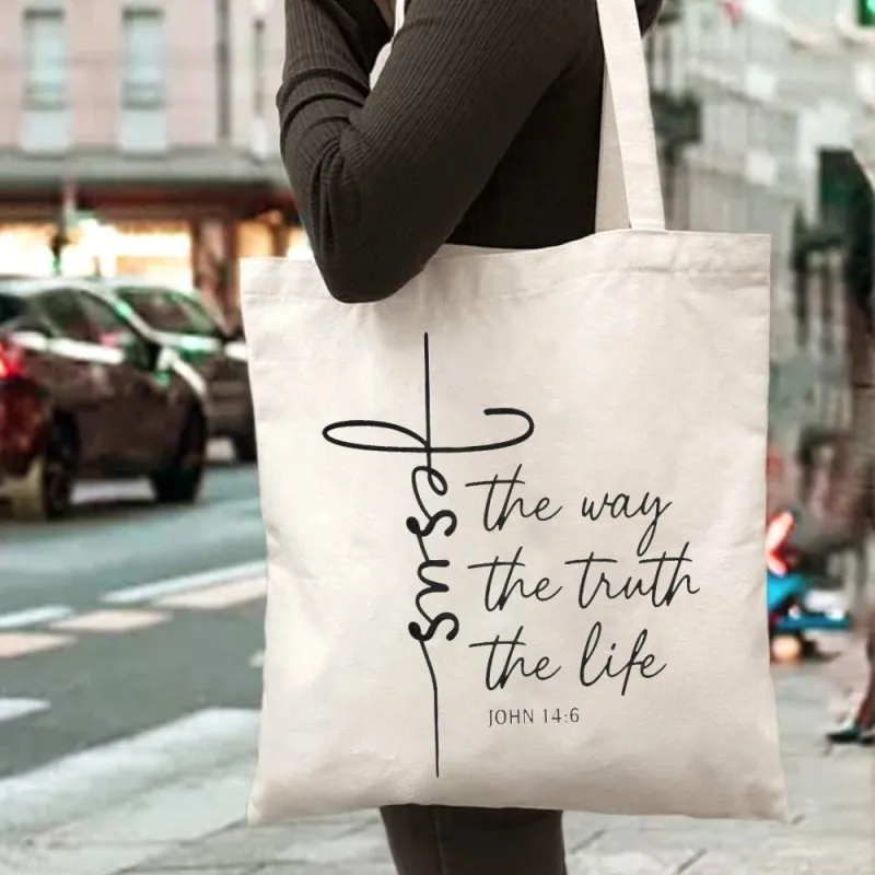Jesus Cross John 14:6 Religious Scripture Line Print Canvas Tote Bag Christian Faith Theme Shoulder Tote Bag