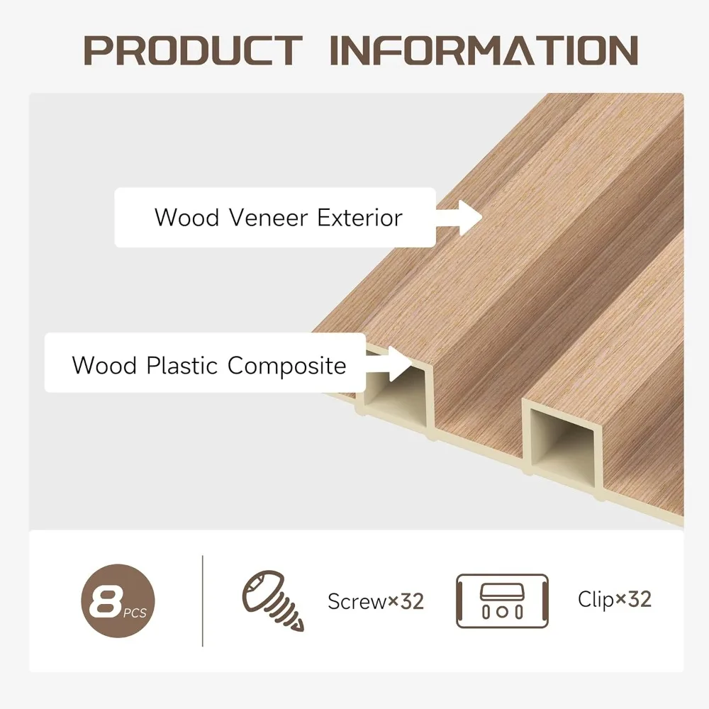 Panneaux muraux à lattes, paquet de 8 lattes en bois à lattes d'accent 95x6 pouces pour murs et plafonds, panneaux acoustiques pour mur intérieur, décoration moderne